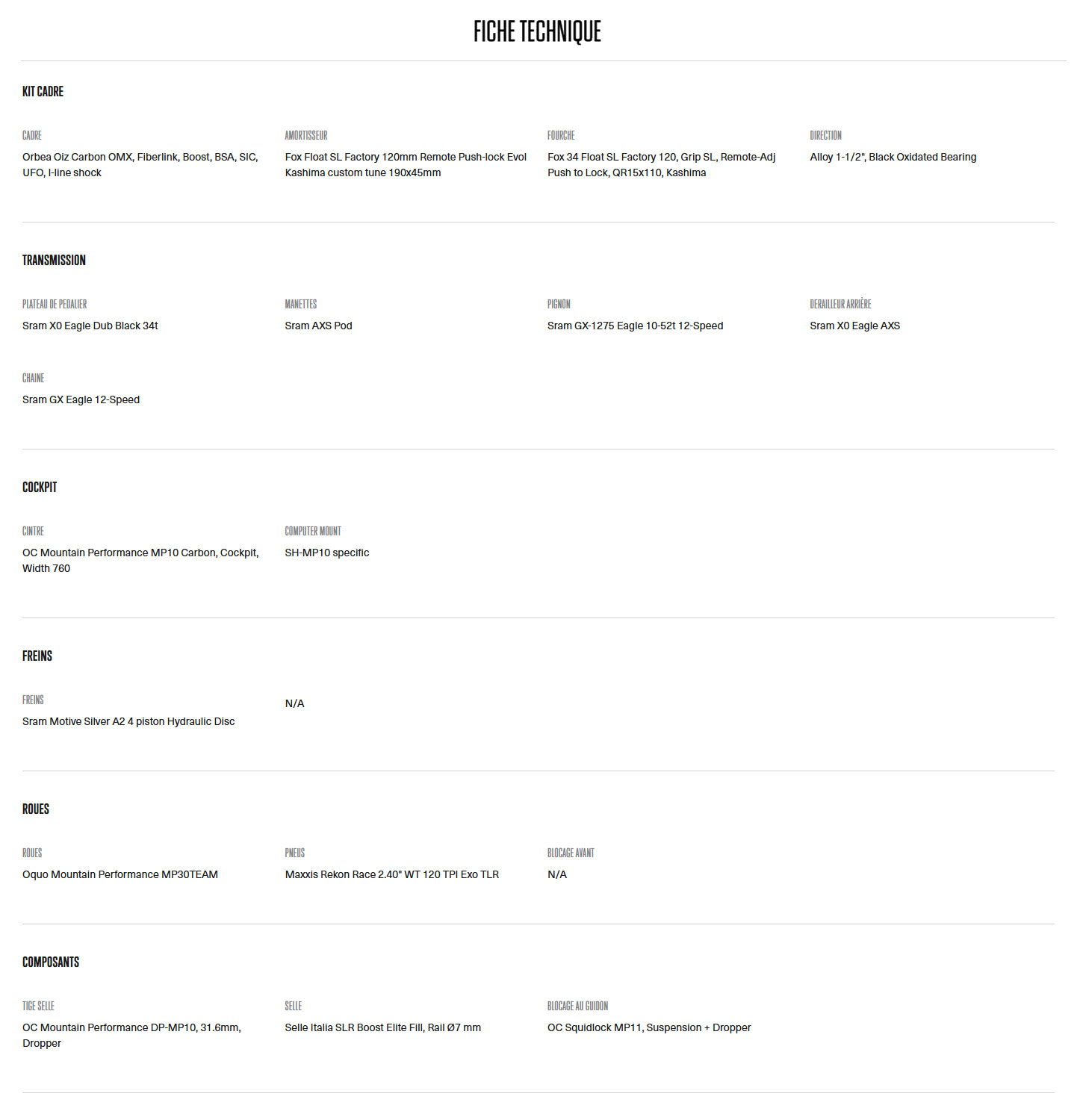 Caracteristique technique du OIZ M-TEAM AXS année 2025